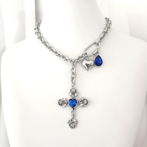 Cross Lariat Necklace: Stainless Steel Carabiner, Blue Crystal Rose