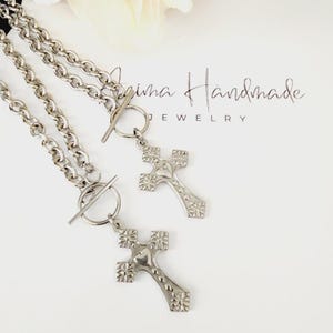 Silver Cross Necklace | Cross Toggle Necklace | Stainless Steel Crucifix Necklace | Large Cross Necklace | Holy Cross Necklace
