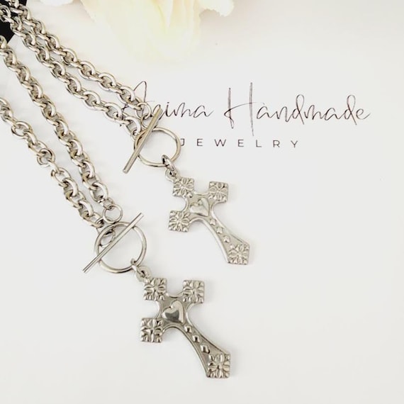 Cross Toggle Necklace: Stainless Steel, Sacred Heart Cross Pendant, Religious Necklace, Christian Woman Gift