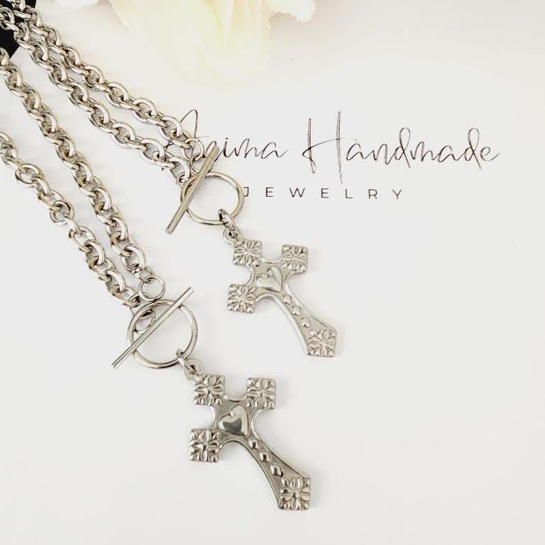 Silver Cross Necklace | Cross Toggle Necklace | Stainless Steel Crucifix Necklace | Large Cross Necklace | Holy Cross Necklace