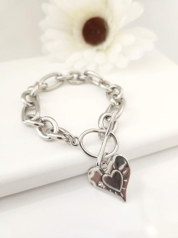 Stainless Steel Silver Heart Bracelet: Chunky Link Chain ,toggle