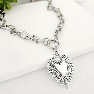 Burning Heart Necklace. Chunky Charm Ex Voto Necklace • Stainless Steel  • Sacro Cuore,  Milagros Mexican Necklace •