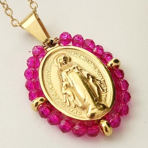Gold Miraculous Medal Necklace: Fuchsia Beaded Catholic Jewelry, Minimalist Chain for Everyday Use
