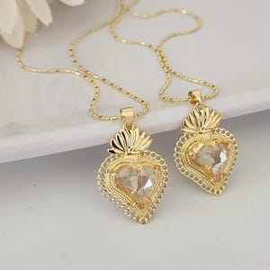 Gold Plated Sacred Heart Necklace: Citrine Crystal jewelry, Ex Voto, Mexican Miracles Necklace