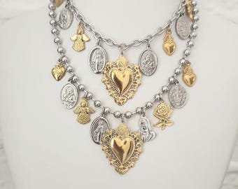 Collana del Sacro Cuore, stile messicano, collana con ciondoli cattolici in metallo misto, collana religiosa in oro, arte popolare messicana