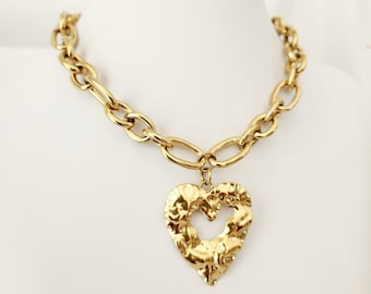 Gouden hartketting: dikke harthanger, dikke schakelketting, zomersieradentrends, cadeau voor haar, boho-stijl