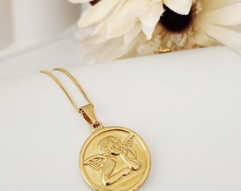 Collar de ángel de la guarda, acero inoxidable, colgante de querubín, collar religioso, regalo de confirmación