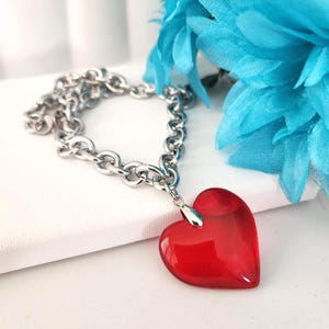 Heart Necklace,  Red Glass Pendant, Jewelry Gift for Her, Women's Gift, Red Heart  Chain Necklace, Necklaces for Women, Chunky Red Necklace, Big Red Heart Necklace