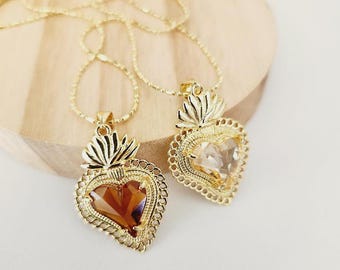 18k Gold-Filled Flaming Heart Necklace:  Ex Voto, Mexican Milagro, Sacred Heart Pendant, Catholic Heart