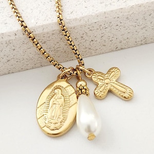 Virgin Guadalupe  and Cross  gold Necklace, Charms Necklace, Stainless Steel,  Women Catholic Gift, ,  Jewelry Baptism Gift, Catholic Chain