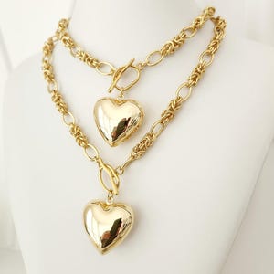Gold Heart Necklace, Chunky Puff Heart Chain, Toggle necklace. Stainless Steel Gift for Her, Stainless Steel,