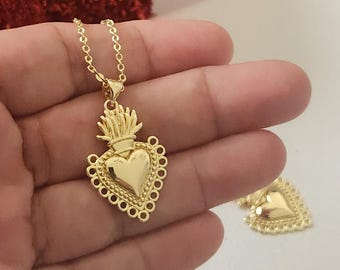 Gold Plated Sacred Heart Necklace: Mexican Milagros Ex Voto, Minimalist Catholic Necklace