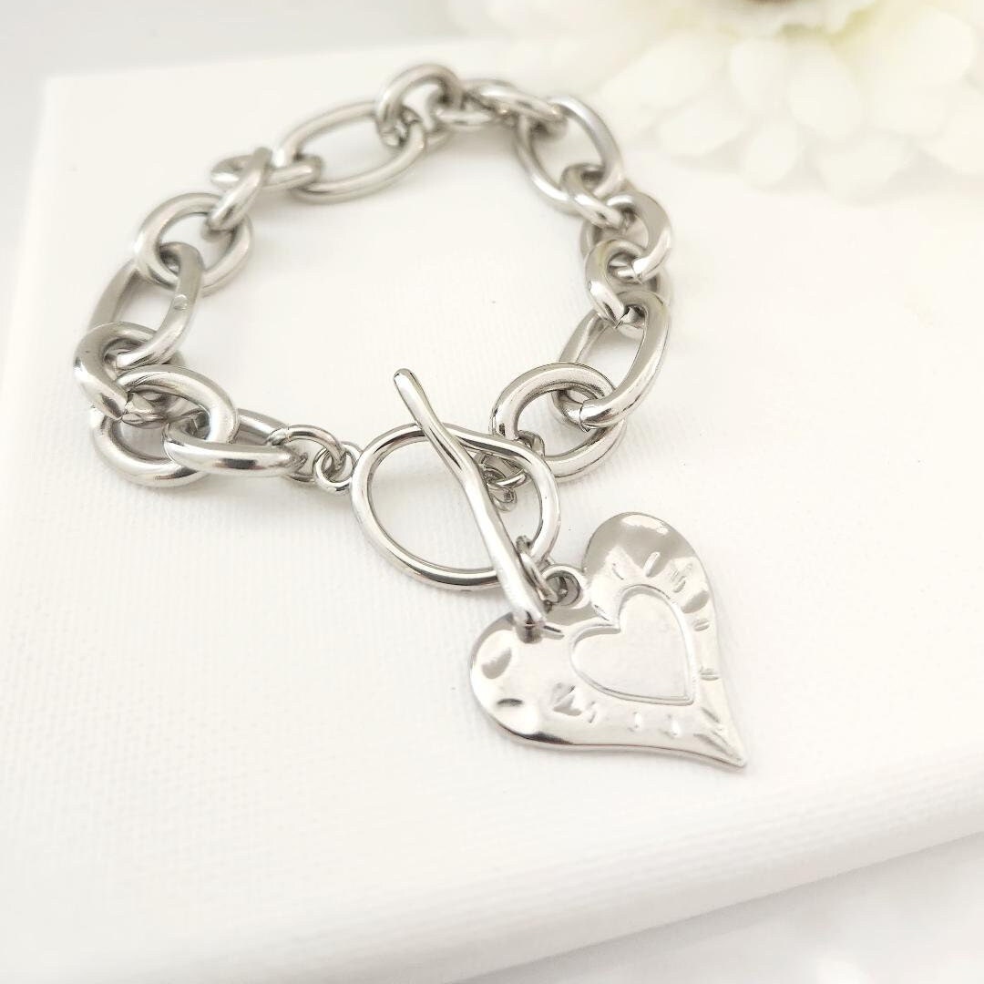 Stainless Steel Silver Heart Bracelet: Chunky Link Chain ,toggle