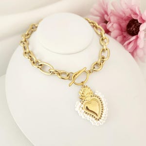 Sacred Heart Necklace: Gold Stainless Steel Toggle Chain, Ex Voto Jewelry