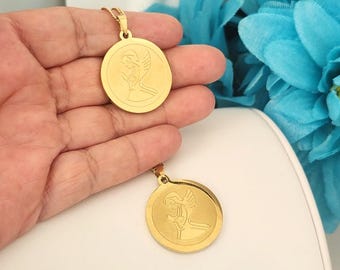 Collar de moneda de ángel de la guarda dorado – Acero inoxidable bañado en oro, joyería católica de fe y protección