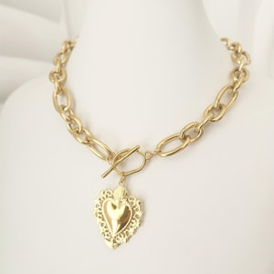 Sacred Heart Necklace: Chunky Gold Ex Voto, Stainless Steel Chain