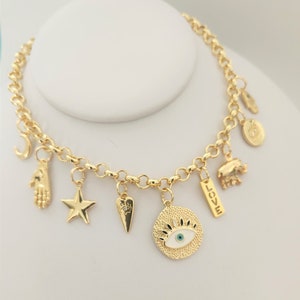 Gold Multi-charm Necklace Evil Eye Protection, Good Luck Charms Turkish ...