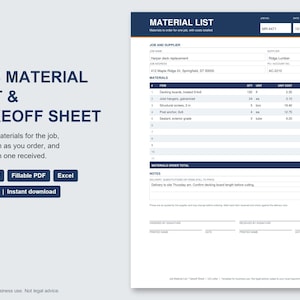 Op de afbeelding: Een digitaal sjabloon voor een materiaallijst en opnamestaat met een donkerblauwe koptekst met velden voor het werknummer en de datum. Het document bevat secties voor werkdetails, leveranciersinformatie, een tabel en notities.