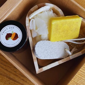 Glow & Restore Gift Box – Chestnut Scrub, Turmeric Soap, Bamboo Brush, Pumice Stone, Natural Spa Set for Her in Heart Box