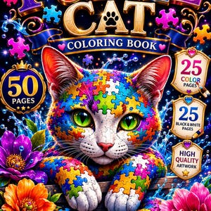 Może przedstawiać: Kolorowanka Puzzle Cat przedstawiająca kota z kolorowym wzorem puzzli na futrze. Okładka zawiera tekst Puzzle Cat Coloring Book, 50 Pages, 25 Color Pages, 25 Black & White Pages oraz High Quality Artwork, w otoczeniu żywych kwiatów i elementów układanki.