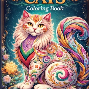 May include: A coloring book cover titled "FRAGRANT CATS" with a detailed illustration of a white cat adorned with colorful floral and paisley patterns. The cat has a long, fluffy tail and is sitting on a decorative platform. The words "Coloring Book" are also visible.