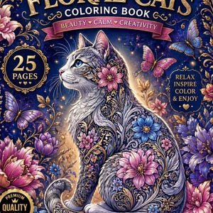 May include: A coloring book titled "Floral Cats" with a detailed illustration of a cat adorned with floral patterns and butterflies. The cover features the text "Beauty, Calm, Creativity" and "25 Pages". The design includes a "Premium Quality Guaranteed" seal.
