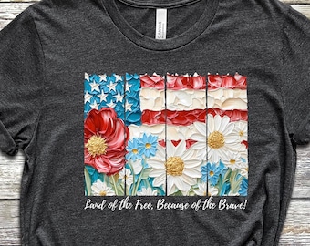 Camiseta "Tierra de la Libertad", camiseta floral con la bandera estadounidense, camiseta del 4 de julio, regalo del Día de la Independencia, camiseta patriótica para mujer, camiseta con la bandera de EE. UU. pintada al óleo