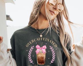 Comfort Colors Overcaffeinated Moms Club T-shirt, Funny Moms Club Shirt, Pink Bow Coffee Shirt, Coffee Addict Gift, Mother's Day Gift Ideas