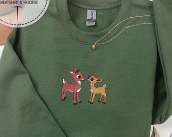 Rudolph and Clarice Embroidered Christmas Crewneck Sweatshirt, Red Nose Reindeer Sweatshirt, Christmas Hoodie, Embroidered Deer Stag Hoodie