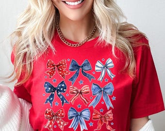 USA Flag Coquette T-shirt, American Bow Tee, 4th of July Gift, Independence Day Tee, Patriotic Shirt, Watercolor 4th of July Coquette Tee