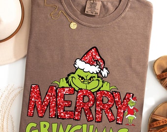 Faux Glitter Merry Grinchmas Shirt, Comfort Colors, Christmas Grinch Shirt, Faux Sequin Grinch Face, Christmas Pajamas Gift,Merry Christmas