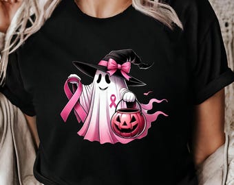 Pink Ribbon Ghost T-shirt, Halloween Shirt, Breast Cancer Awareness, October Pink Shirt, Cute Ghost Shirt, Halloween Gift For Friend