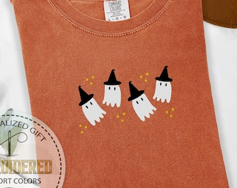Bonita camiseta bordada con fantasma, colores cómodos, camiseta de Halloween, camiseta de bruja fantasma, estilo brujo, camiseta de otoño, regalos de Halloween para mujer