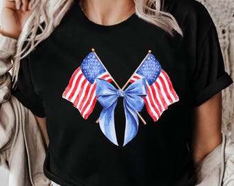 Watercolor Coquette 4th of July Shirt, USA Flag Bow Shirt, Women's Patriotic Shirt, American Flag Tee, Independence Day Gift, Patriotic Tee