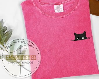 Embroidered Cat Shirt, Cute Cat Shirt, Comfort Colors Black Cat Shirt, Cat Peeking, Women's Funny Shirt, Gift for Cats Lover, Cat Mom Shirt