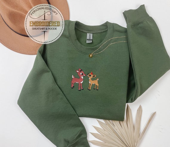 Rudolph and Clarice Embroidered Christmas Crewneck Sweatshirt, Red Nose Reindeer Sweatshirt, Christmas Hoodie, Embroidered Deer Stag Hoodie