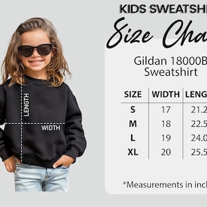May include: A young girl wearing a black sweatshirt and sunglasses. The image includes a size chart for a Gildan 18000B sweatshirt, with measurements in inches. The chart lists sizes S, M, L, and XL, with corresponding width and length measurements.