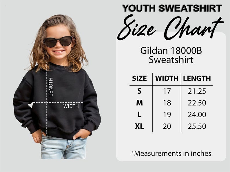 May include: A young person wearing a black sweatshirt, with a size chart for Gildan 18000B sweatshirts. The chart shows measurements in inches for sizes S, M, L, and XL. The sweatshirt is measured for width and length.