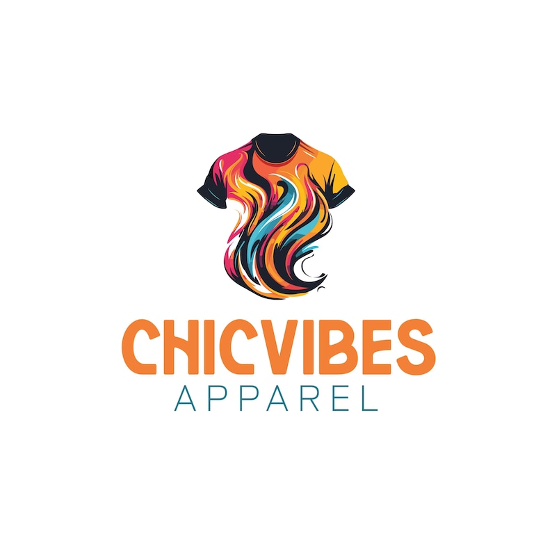 May include: A graphic logo for Chic Vibes Apparel. The logo features a stylized t-shirt in black, orange, yellow, pink, and blue. Below the t-shirt are the words "CHICVIBES" in orange and "APPAREL" in teal.