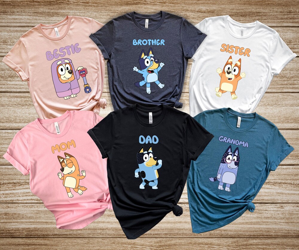 Family Bluey T-Shirts, Bluey Characters, Disney Trip Shirt, Bluey Party Shirt, Bingo Shirt, Chilli Shirt, Bandit Shirt, All Bluey Characters