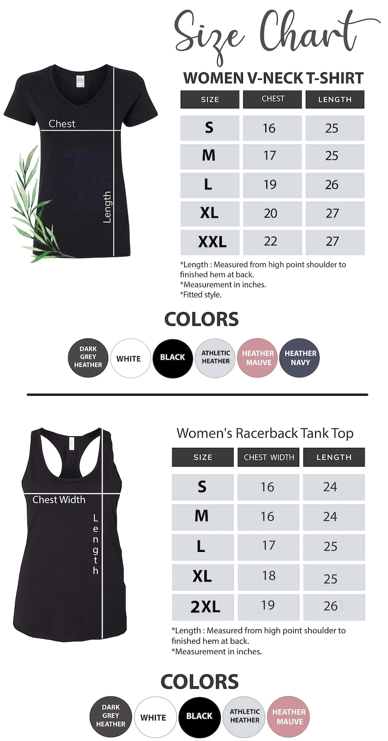 Puede incluir: Tabla de tallas para camisetas de cuello en V y camisetas sin mangas de espalda nadadora para mujer. Incluye medidas de pecho y largo en pulgadas para tallas S a 2XL. Colores disponibles: gris oscuro jaspeado, blanco, negro, jaspeado atl&eacute;tico, malva jaspeado y marino jaspeado.