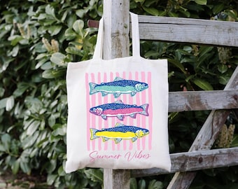 Bolso de pesca de trucha personalizado con nombre personalizado / Regalo de pez arcoíris para mamá amante de la pesca con mosca estilo retro colorido para mujeres pescadoras