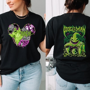 May include: Black t-shirt featuring a green and purple graphic of a character with the text "Let's Oogie Boogie" on the front. The back of the shirt displays a green and purple graphic of the same character with the text "BOOGIEMAN".