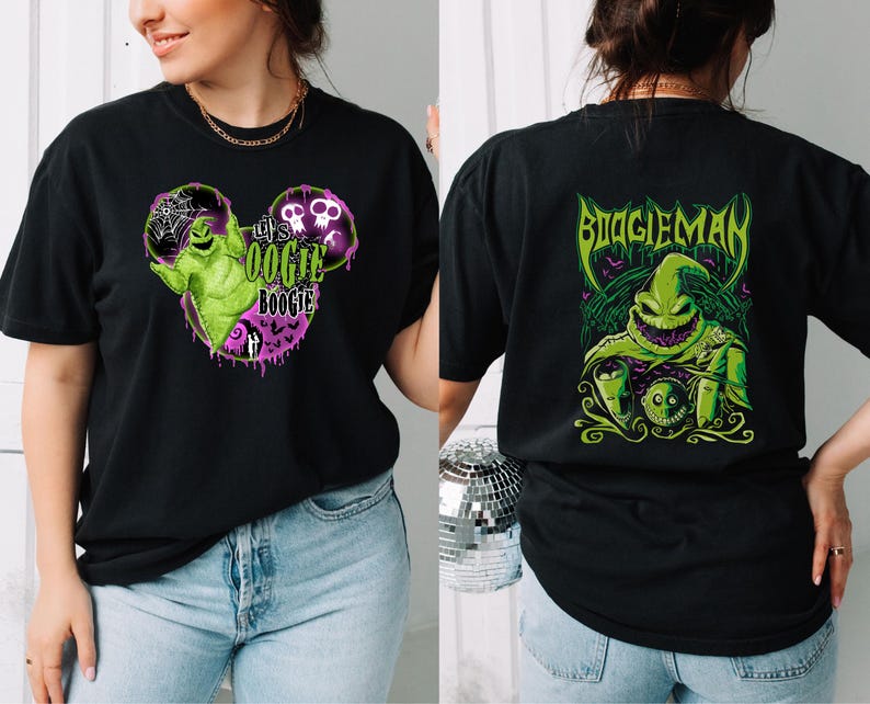 May include: Black t-shirt featuring a green and purple graphic of a character with the text "Let's Oogie Boogie" on the front. The back of the shirt displays a green and purple graphic of the same character with the text "BOOGIEMAN".