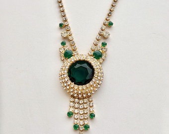 Delizza Elster "Juliana" Emerald Green Clear Rhinestone, Jade Green Cabochon Gold Necklace