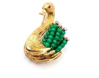 Vintage Jade Green Beaded Rhinestone Figural Swan Brooch Signed HAR