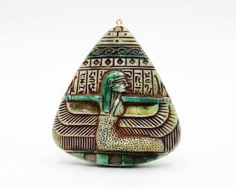 Vintage Egyptian Revival Isis Double Sided Czech Aqua Glass Pendant, Neiger Brothers
