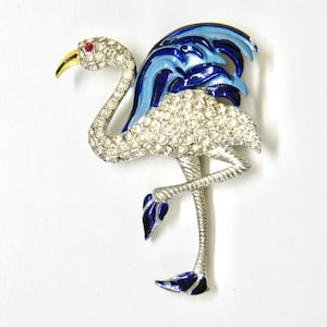 SALE Vintage Rhinestone and Blue Enamel Flamingo Brooch Book Piece  // Figural Rhinestone Bird Fur Clip