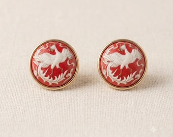 Vintage Signed Toshikane Bird, Crane or Phoenix, Clip Earrings, White on Red Porcelain