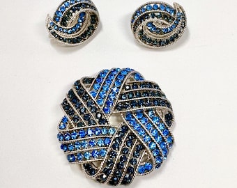 Vintage Trifari Cavalcade Demi Parure, Shades of Blue, Brooch Earrings Signed Set